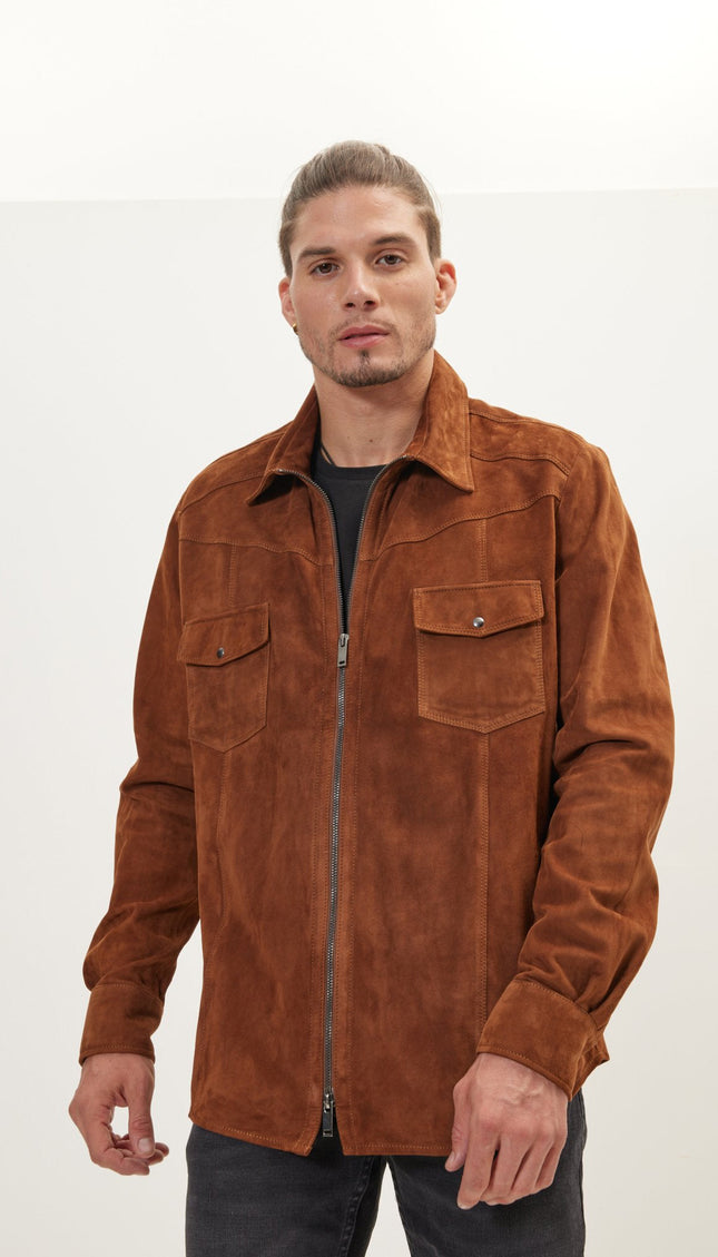 Lambskin Suede Shirt Jacket - Brown