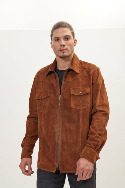 Men's Lambskin Suede Shirt Jacket - Brown | Ron Tomson