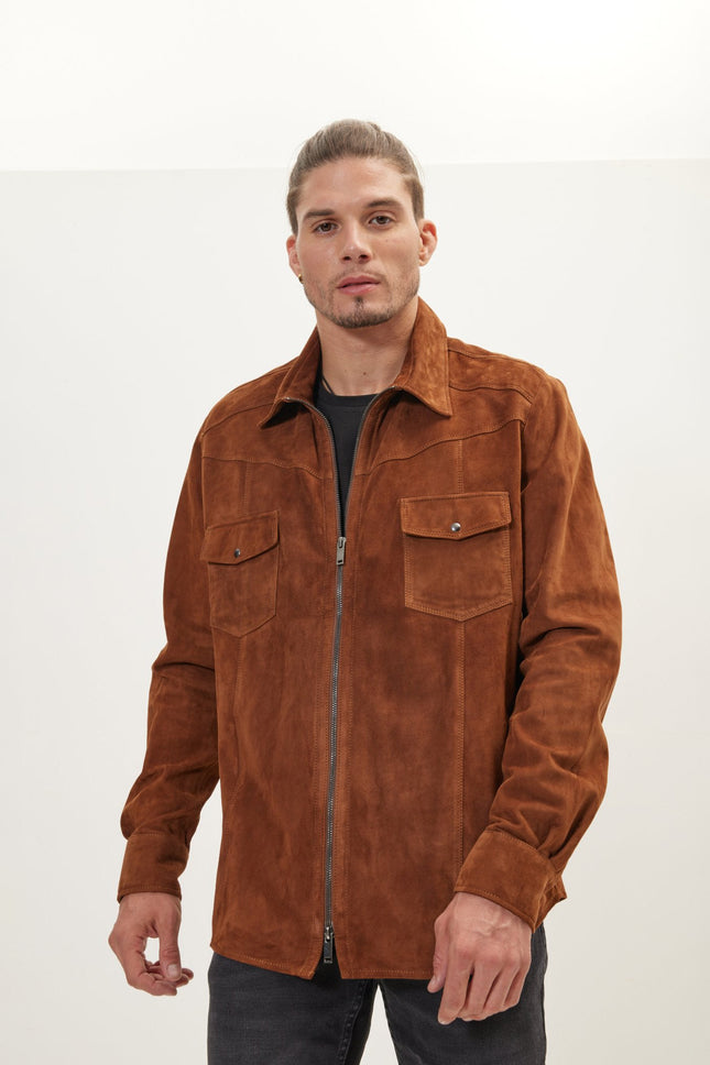 Men's Lambskin Suede Shirt Jacket - Brown | Ron Tomson