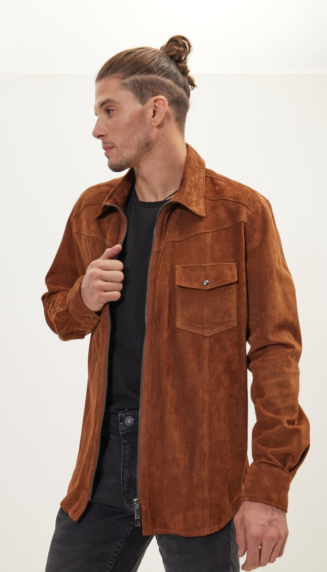 Lambskin Suede Shirt Jacket - Brown