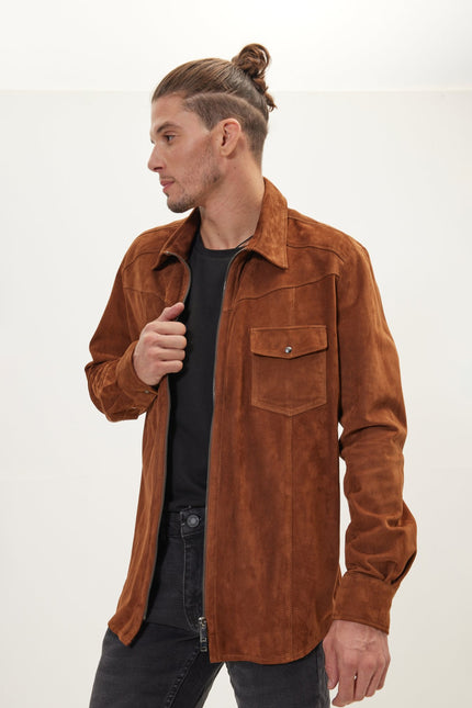 Men's Lambskin Suede Shirt Jacket - Brown | Ron Tomson