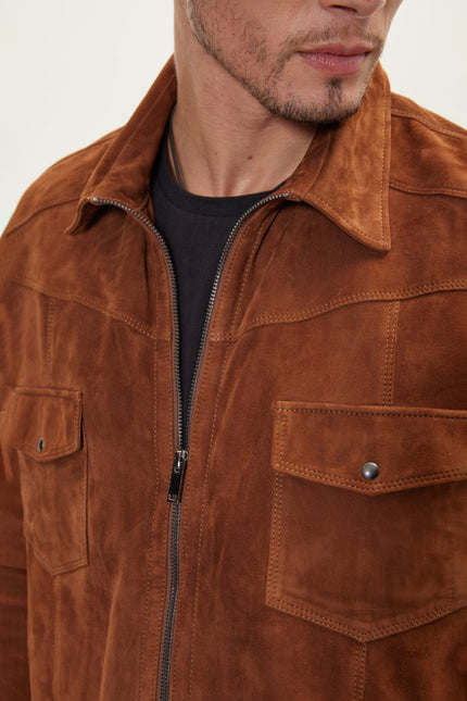 Men's Lambskin Suede Shirt Jacket - Brown | Ron Tomson