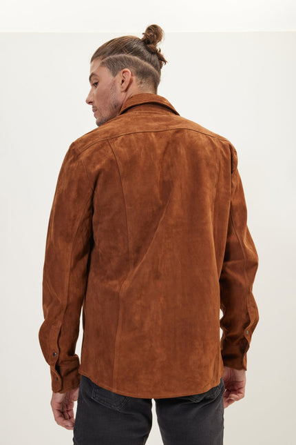 Men's Lambskin Suede Shirt Jacket - Brown | Ron Tomson