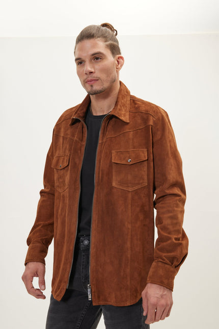 Men's Lambskin Suede Shirt Jacket - Brown | Ron Tomson