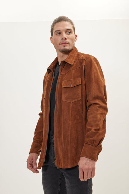 Men's Lambskin Suede Shirt Jacket - Brown | Ron Tomson