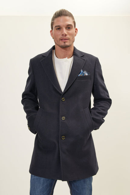 Men's Single-Breasted Wool Overcoat - Navy | Ron Tomson