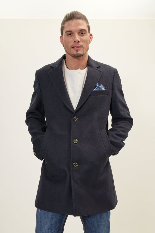 Men's Single-Breasted Wool Overcoat - Navy | Ron Tomson