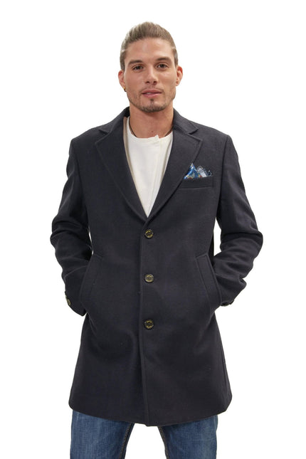Men's Single-Breasted Wool Overcoat - Navy | Ron Tomson