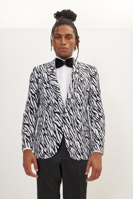 Men's Zebra Velvet Tuxedo Jacket - White | Ron Tomson