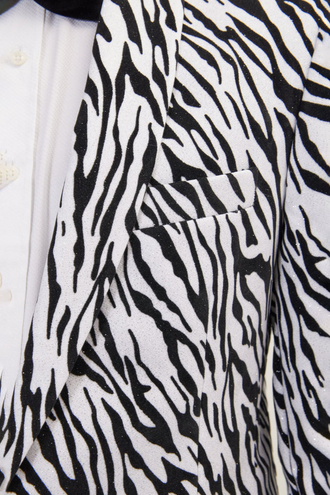 Men's Zebra Velvet Tuxedo Jacket - White | Ron Tomson