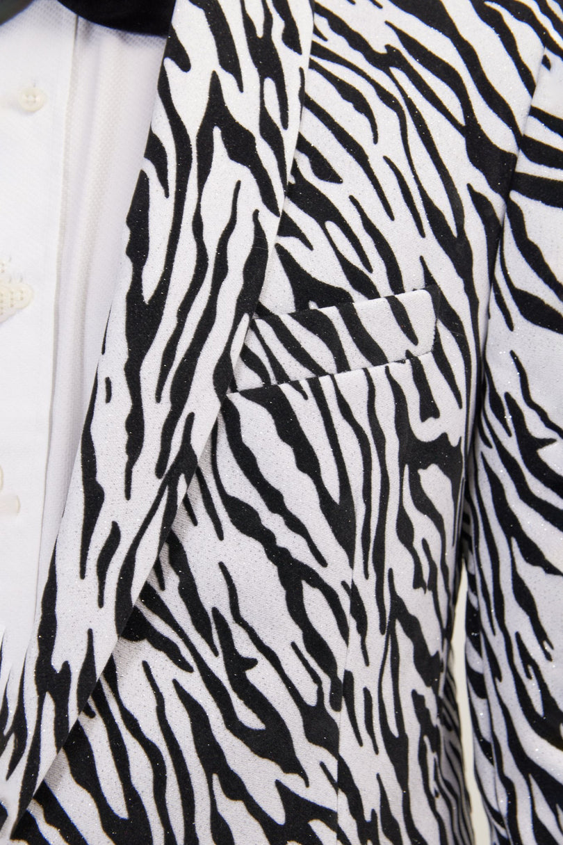 Men's Zebra Velvet Tuxedo Jacket - White | Ron Tomson