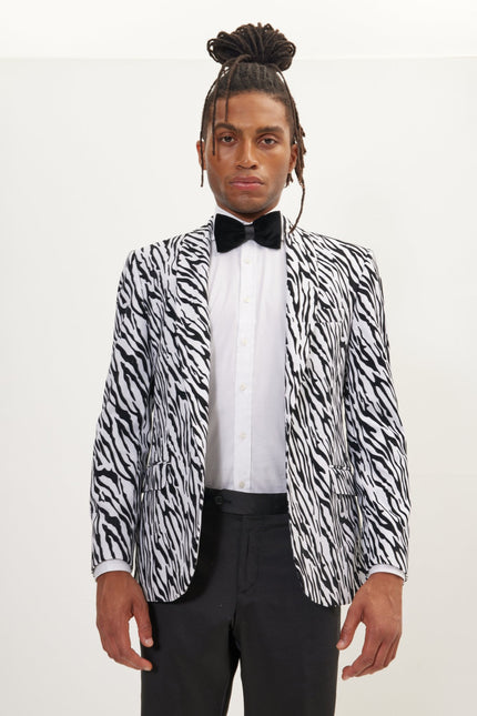 Men's Zebra Velvet Tuxedo Jacket - White | Ron Tomson