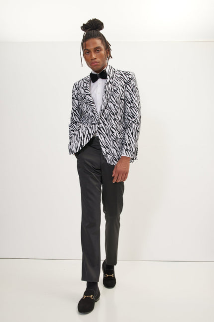 Men's Zebra Velvet Tuxedo Jacket - White | Ron Tomson
