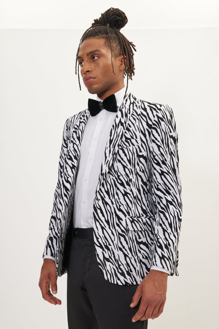 Men's Zebra Velvet Tuxedo Jacket - White | Ron Tomson