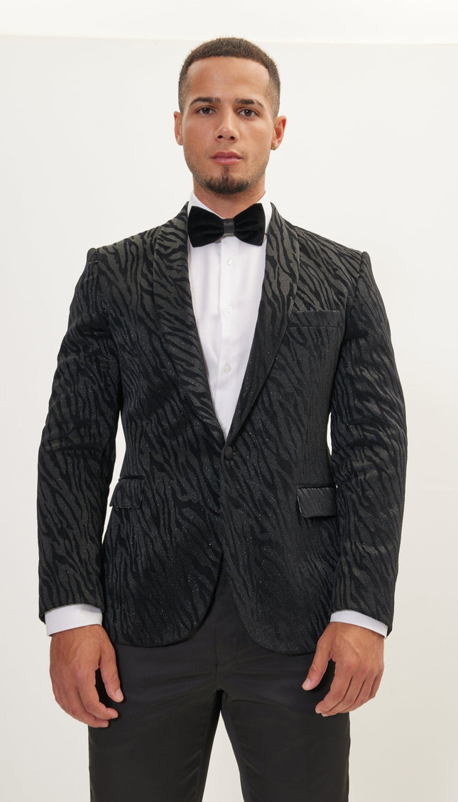 Zebra Velvet Flocking Glittered Tuxedo Jacket - Jet Black