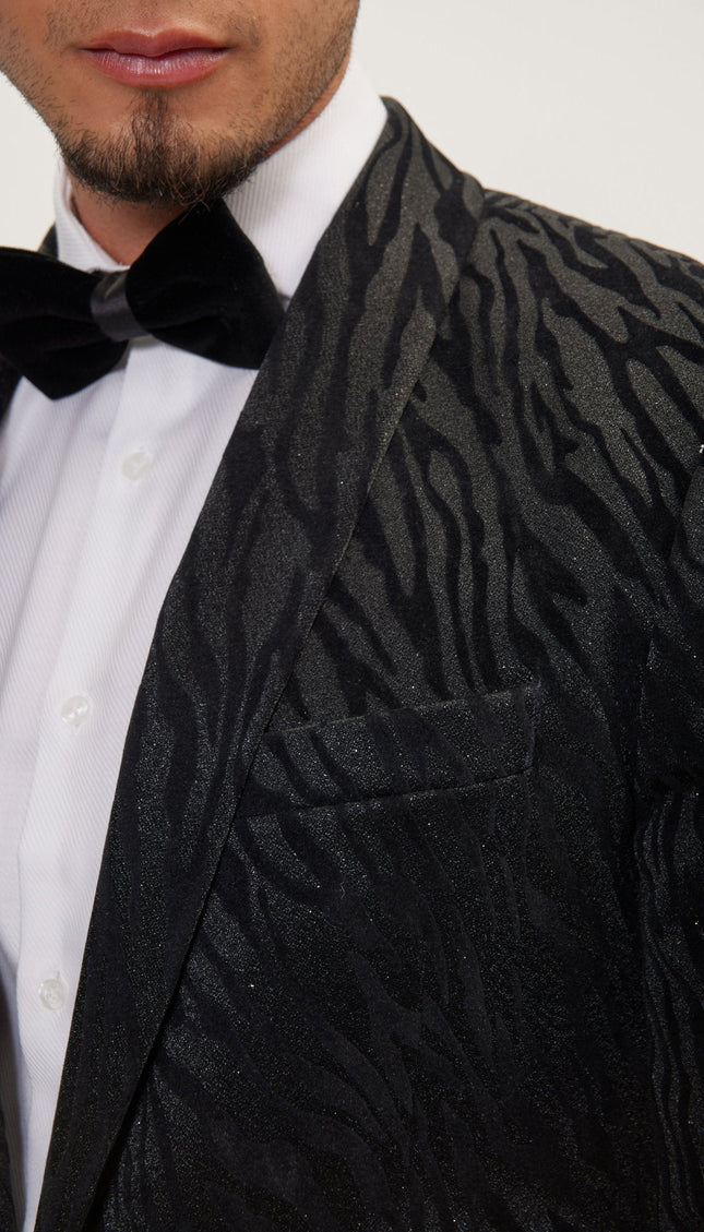 Zebra Velvet Flocking Glittered Tuxedo Jacket - Jet Black