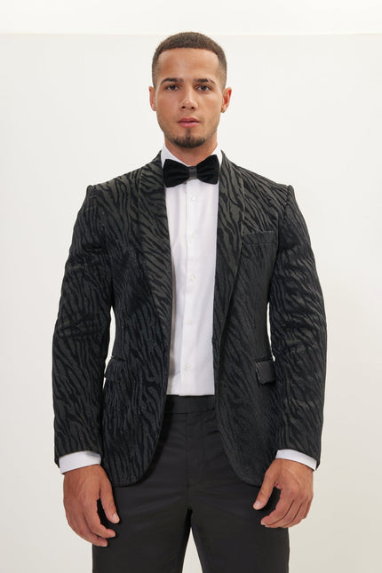 Men's Zebra Velvet Tuxedo Jacket - Jet Black | Ron Tomson
