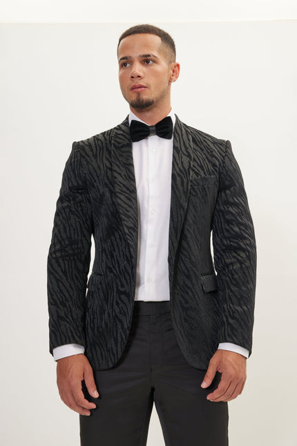 Men's Zebra Velvet Tuxedo Jacket - Jet Black | Ron Tomson