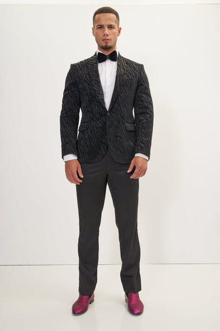 Men's Zebra Velvet Tuxedo Jacket - Jet Black | Ron Tomson