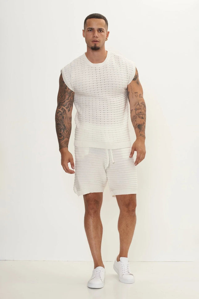 Eyelet Short-Sleeve Knit Set - Off-White