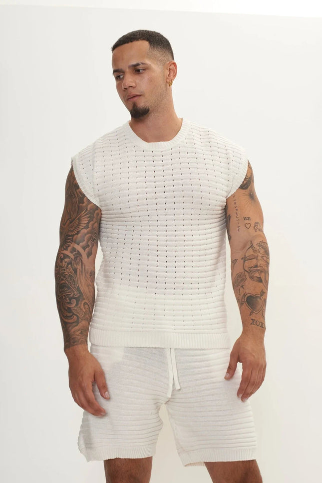 Eyelet Short-Sleeve Knit Set - Off-White