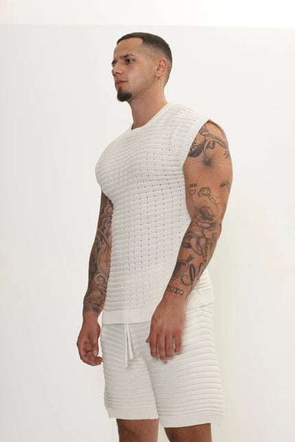 Men's Eyelet Short-Sleeve Knit Set - Off-White | Ron Tomson