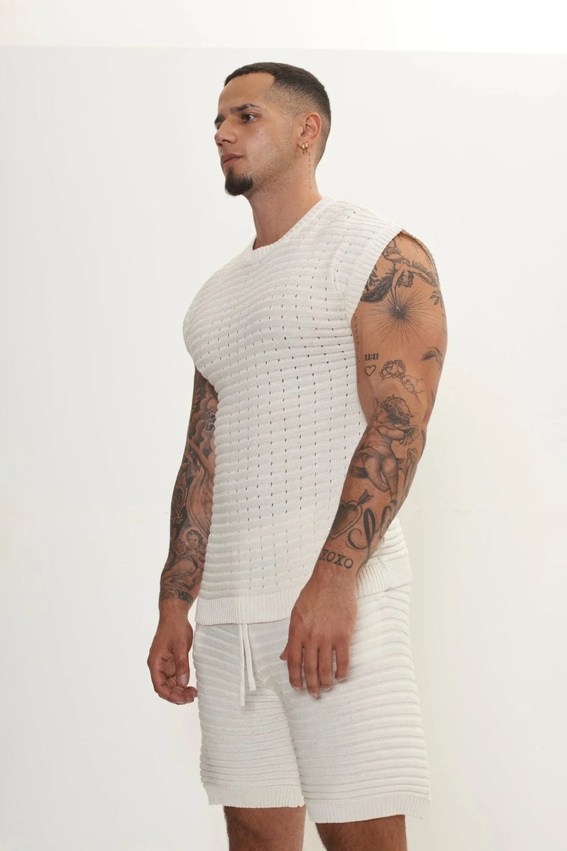 Men's Eyelet Short-Sleeve Knit Set - Off-White | Ron Tomson