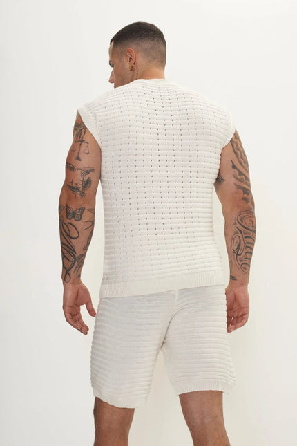 Men's Eyelet Short-Sleeve Knit Set - Off-White | Ron Tomson