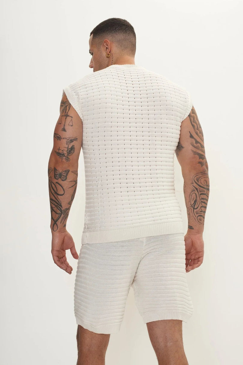 Men's Eyelet Short-Sleeve Knit Set - Off-White | Ron Tomson
