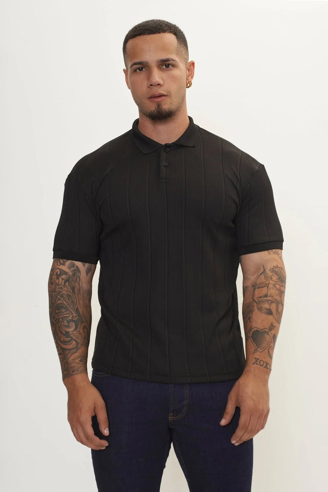Men's Fine Ribbed Polo Shirt - Black | Ron Tomson