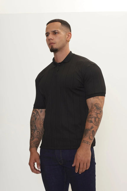 Men's Fine Ribbed Polo Shirt - Black | Ron Tomson