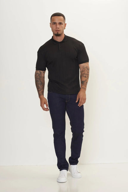 Men's Fine Ribbed Polo Shirt - Black | Ron Tomson