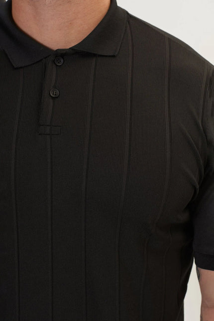 Men's Fine Ribbed Polo Shirt - Black | Ron Tomson