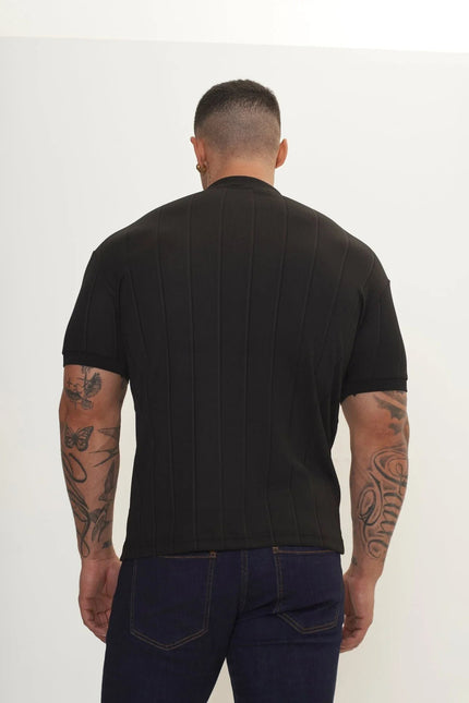 Men's Fine Ribbed Polo Shirt - Black | Ron Tomson