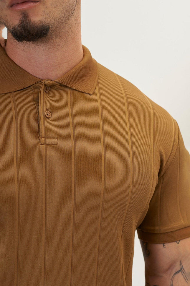 Men's Fine Ribbed Polo Shirt - Beige | Ron Tomson