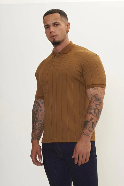 Men's Fine Ribbed Polo Shirt - Beige | Ron Tomson