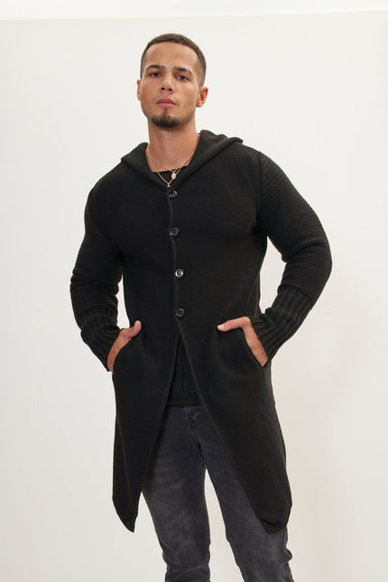 Men's Long Ribbed Cardigan - Black | Ron Tomson