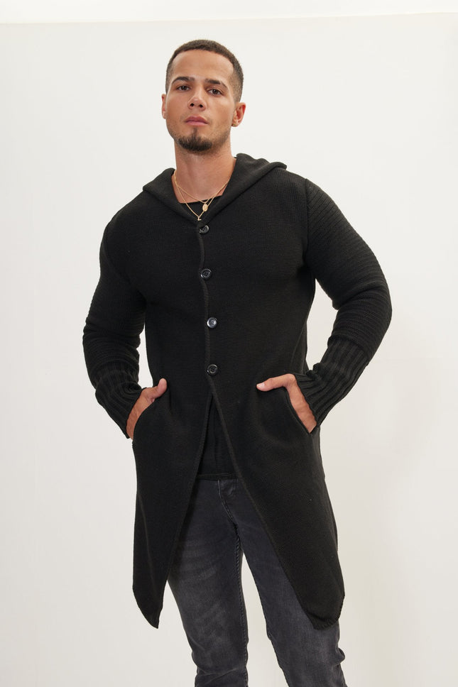 Men's Long Ribbed Cardigan - Black | Ron Tomson
