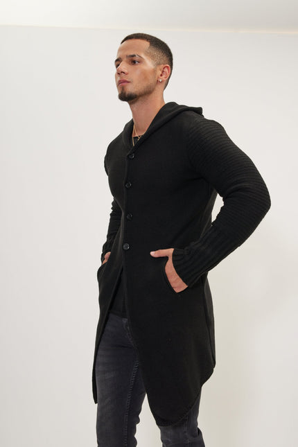 Men's Long Ribbed Cardigan - Black | Ron Tomson