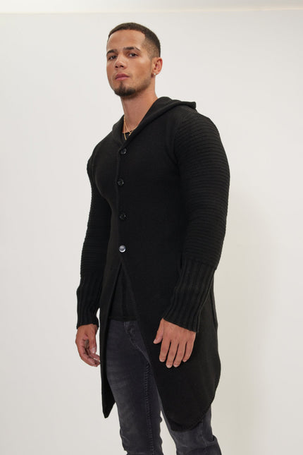 Men's Long Ribbed Cardigan - Black | Ron Tomson