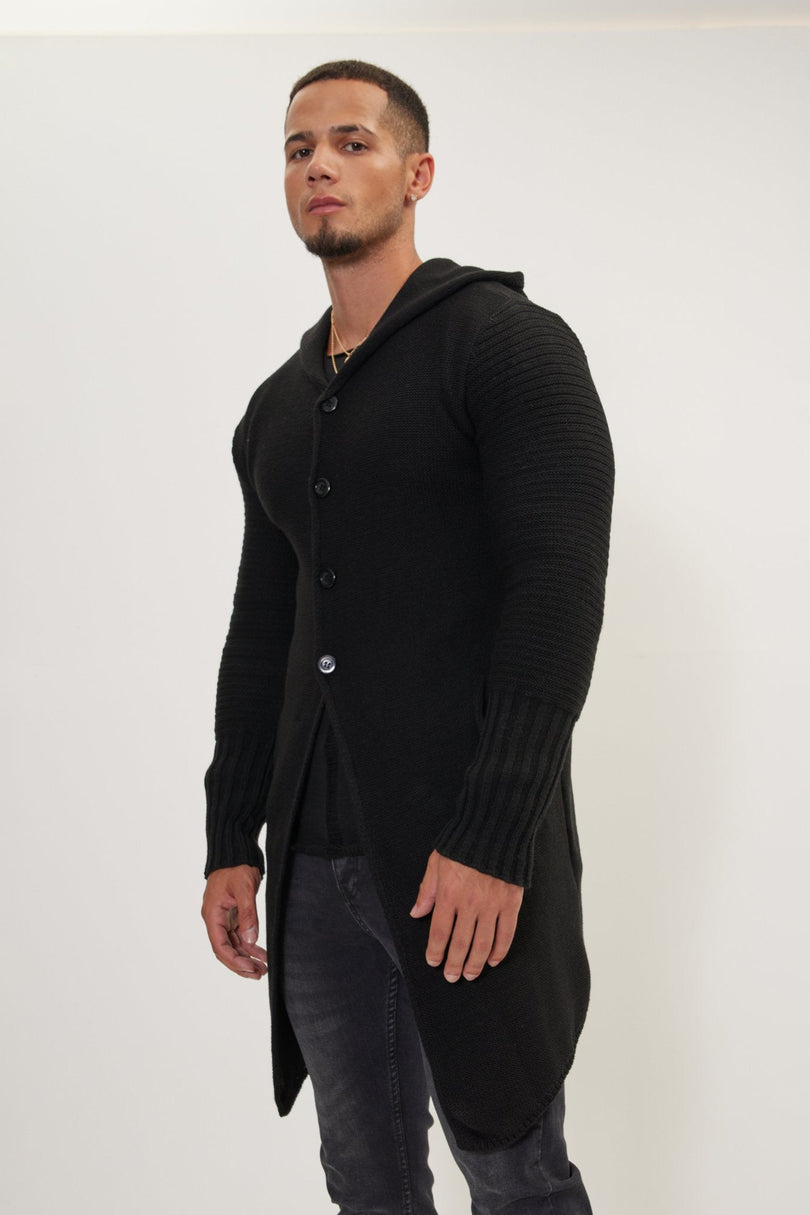 Men's Long Ribbed Cardigan - Black | Ron Tomson