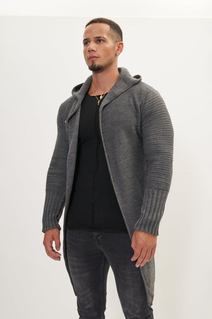 Men's Long Ribbed Cardigan - Anthracite | Ron Tomson