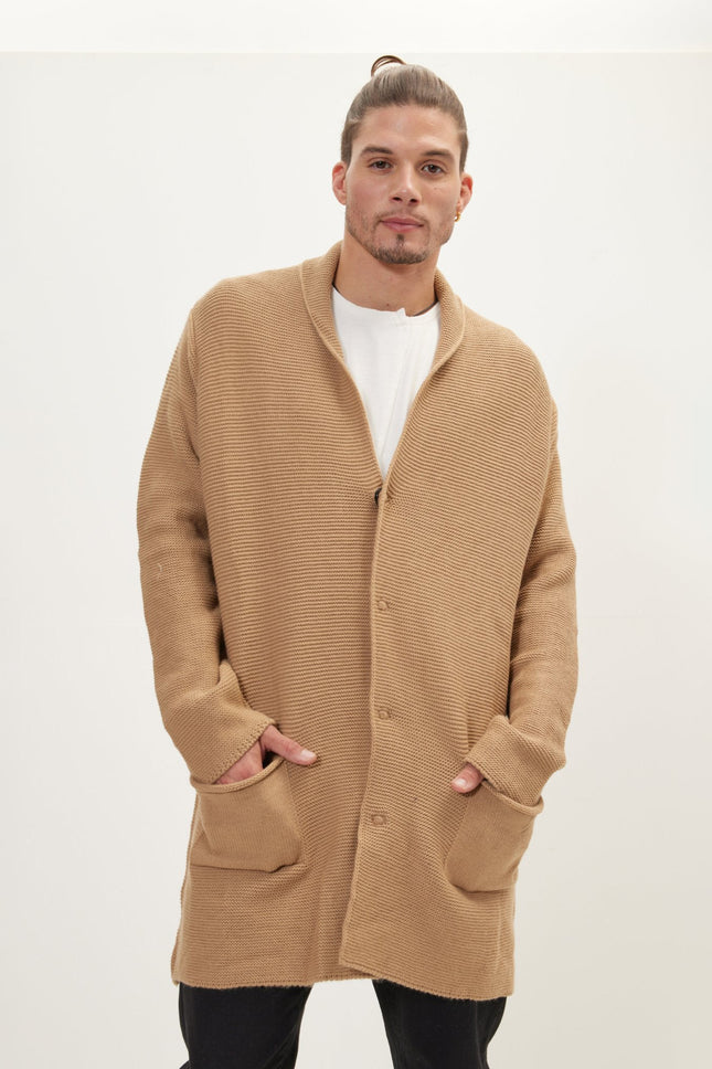 Men's Shawl Collar Cardigan - Camel | Ron Tomson