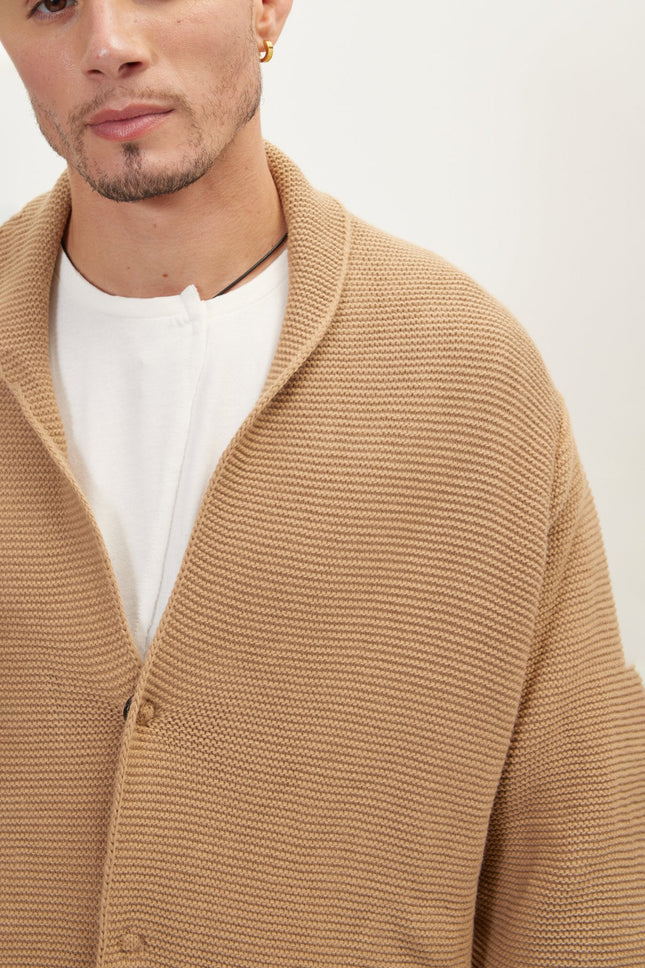 Men's Shawl Collar Cardigan - Camel | Ron Tomson