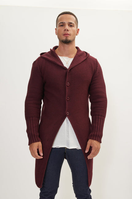 Men's Long Ribbed Cardigan - Burgundy | Ron Tomson