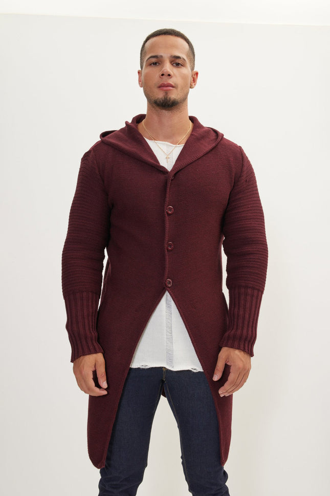 Men's Long Ribbed Cardigan - Burgundy | Ron Tomson