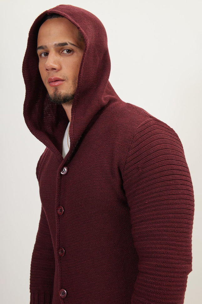 Men's Long Ribbed Cardigan - Burgundy | Ron Tomson