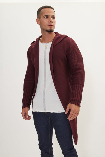 Men's Long Ribbed Cardigan - Burgundy | Ron Tomson