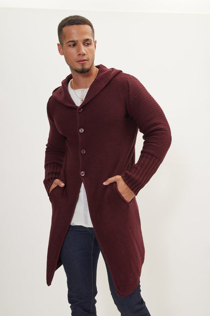 Men's Long Ribbed Cardigan - Burgundy | Ron Tomson