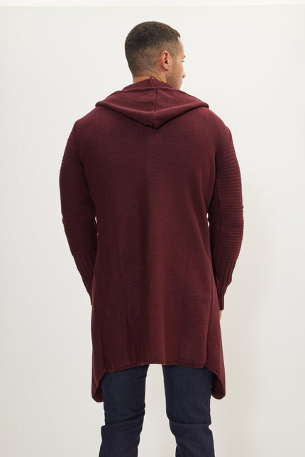 Men's Long Ribbed Cardigan - Burgundy | Ron Tomson